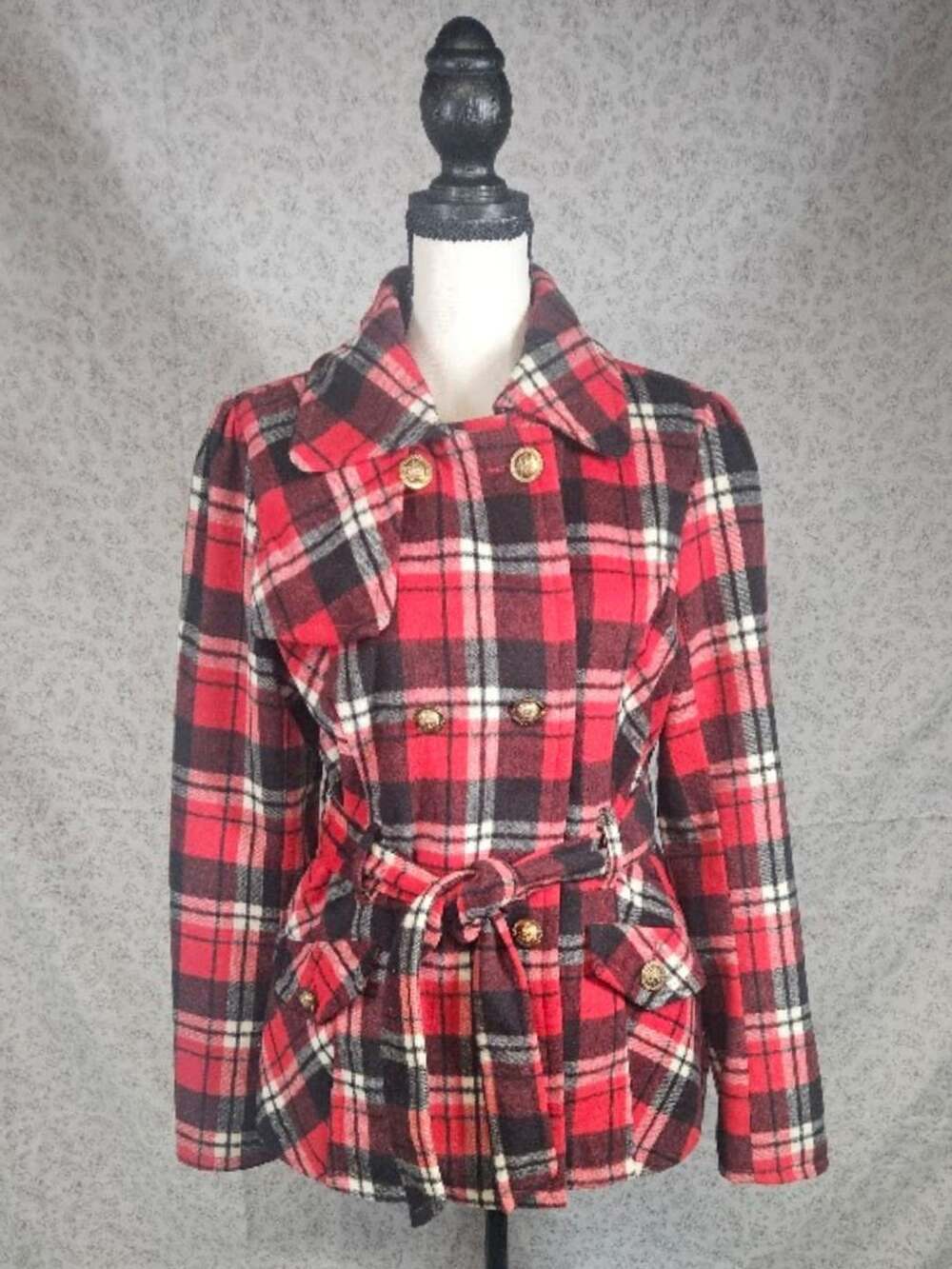 Southpole Red Black Plaid Wool Blend Belted Pea Coat Jacket Size M